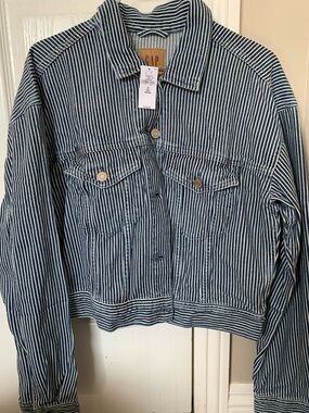 GAP Navy and White Striped Denim Jacket